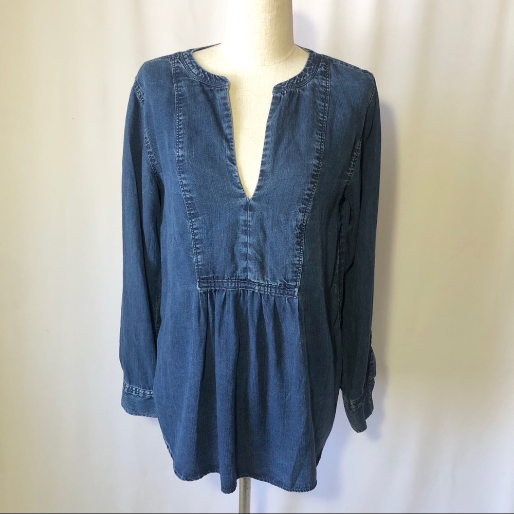 Loft S “softened denim” dark wash v neck shirt